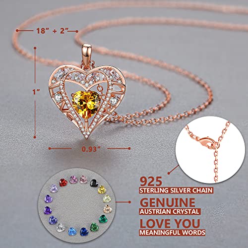 5 Heart I Love You Necklace for Women, Birthstone Crystal Pendant, Birthday Gift for Her, Wife, Mom, Rose Gold or Gunmetal Plated, 925 Sterling Silver Chain 18"+2" - color: 11-November-Citrine Yellow-Rose Gold Plated