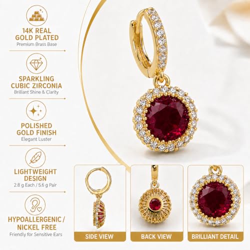 14K Gold Plated Hoop Dangle Earrings for Women, Hypoallergenic Colorful Cubic Zirconia Drop Earrings, Lightweight Huggie Earrings for Women - color: Gold/Ruby Red