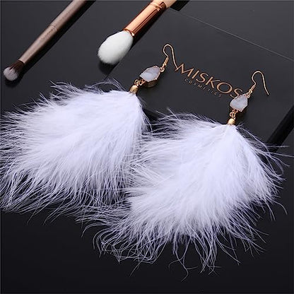 Feather Earrings for Women Boho Bohemian Style Tassel Fringe Statement Drop | Boho Tassel Fringe Statement Drop Earrings Dangle with Bohemian Vibe for Summer Beach Vacation Cruise Festival Outfit - color: White