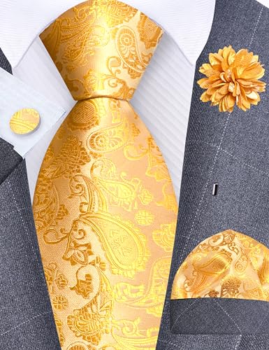 GUSLESON 3.15"（8cm） Mens Paisley Tie and Lapel Pin Necktie Hankerchief Cufflinks Set for Men - color: Gold
