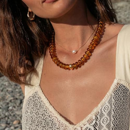 Chunky Colorful Choker Necklace for Women - Summer Beach Round Resin Beads Necklace, Trendy Statement Summer Beach Jewelry Birthday Gifts for Vacation Holiday - color: 18mm Amber Brown Bead