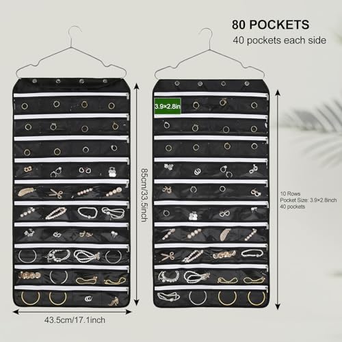 Hanging Jewelry Organizer Storage Roll 80 Zippered Pockets with Detachable Hanger Double-Sided Foldable, Travel Jewelry Holder for Earrings, Rings, Bracelets, Hanging on Closet, Wall, Door, Black - size: 80 Zippered Pockets