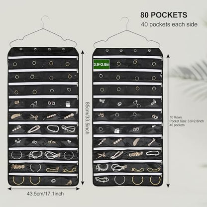 Hanging Jewelry Organizer Storage Roll 80 Zippered Pockets with Detachable Hanger Double-Sided Foldable, Travel Jewelry Holder for Earrings, Rings, Bracelets, Hanging on Closet, Wall, Door, Black - size: 80 Zippered Pockets