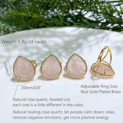 Crystal Ring for Women, Natural Rose Quartz Green Fluorite Ring for Her, Teardrop Shape Gemstone Ring, Handmade rose quartz Jewelry Adjustable Ring. - color: Rose Quartz