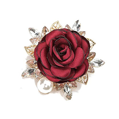 Elegant Rose Flower Brooch Pin for Women Men Wedding Party Gentleman's Essentials Handmade Imitation Crystal Pearl Fabric Flower Lapel Pin Dress Suit Accessories Boutonniere Ideas Gift - color: Red