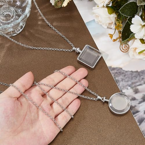SUPERFINDINGS 2Pcs 2 Styles Photo Locket Necklace Memory DIY Square Charm Necklaces Glass Cabochons Photo Frame Locket Pendants for DIY Wedding Bouquet Jewelry Making