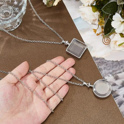 SUPERFINDINGS 2Pcs 2 Styles Photo Locket Necklace Memory DIY Square Charm Necklaces Glass Cabochons Photo Frame Locket Pendants for DIY Wedding Bouquet Jewelry Making