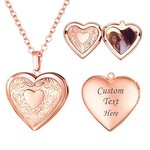 U7 Women Locket Necklace, Heart Photo Lockets Hold Picture, Gift Box Packed | Gold/Silver/Rose Locket Charm, Custom Picture and Engravement Heart Pendant, 20" Chain, Personalized Gift for Mom Wife Friend - color: 01# Rose Gold Heart