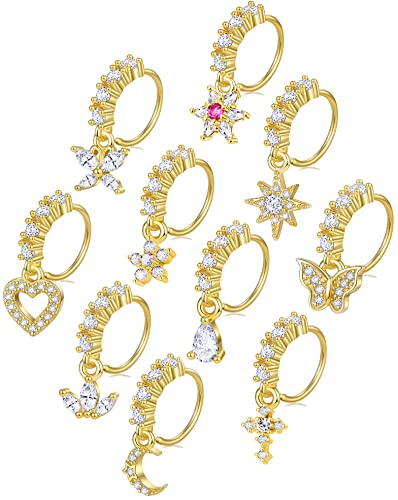 10Pcs Dangle Nose Rings Hoop Butterfly Heart Moon Flower Star CZ Cartilage Earring Dangling Nose Body Piercing Jewelry 20G Silver Rose Gold Black Tone - color: B:Gold Tone