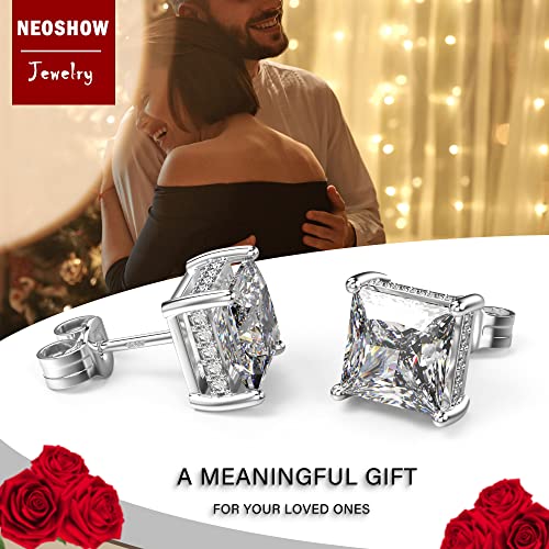 Princess Cut Cubic Zirconia Stud Earrings for Men Women | Square CZ Simulated Diamond Studs, 18K White Gold Plated Sterling Silver, Hypoallergenic - color: White Gold, size: 8MM