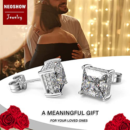 Princess Cut Cubic Zirconia Stud Earrings for Men Women | Square CZ Simulated Diamond Studs, 18K White Gold Plated Sterling Silver, Hypoallergenic - color: White Gold, size: 8MM