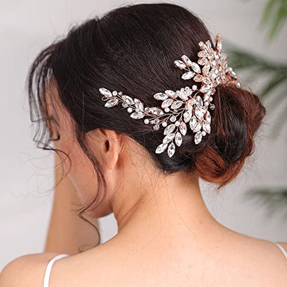 Wedding Rose Gold Hair Comb with Rhinestone Crystal Flower for Bridal Headpieces, Handmade Accessories for Women and Girls (ROSE GOLD) - color: ROSE GOLD