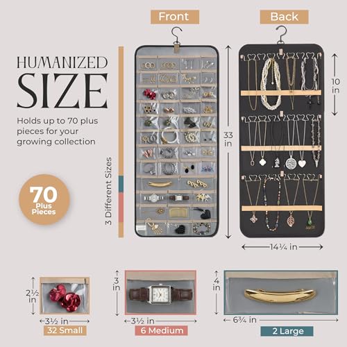 Hanging Jewelry Organizer Storage with Hanger Metal Hooks Double-Sided Jewelry Holder- Wall Mount Holder for Earrings, Necklaces, Rings on Closet, Wall, Door, 1 piece, Large, Black - style: Modern