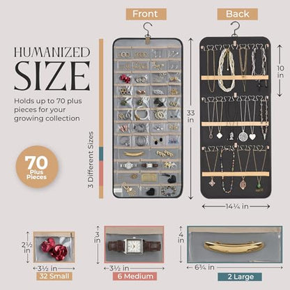 Hanging Jewelry Organizer Storage with Hanger Metal Hooks Double-Sided Jewelry Holder- Wall Mount Holder for Earrings, Necklaces, Rings on Closet, Wall, Door, 1 piece, Large, Black - style: Modern