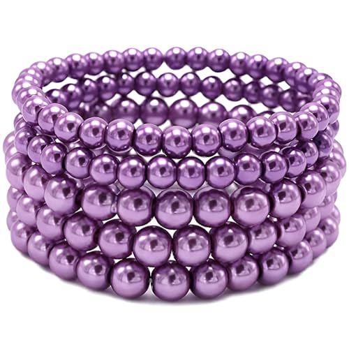 Faux Pearl Beaded Bracelets for Women Ladies Elastic Stretch Bracelet Stackable Jewelry Set Pulsera Para Mujer 5 pcs Size 6-8 MM - color: Purple