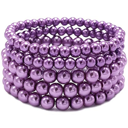 Faux Pearl Beaded Bracelets for Women Ladies Elastic Stretch Bracelet Stackable Jewelry Set Pulsera Para Mujer 5 pcs Size 6-8 MM - color: Purple