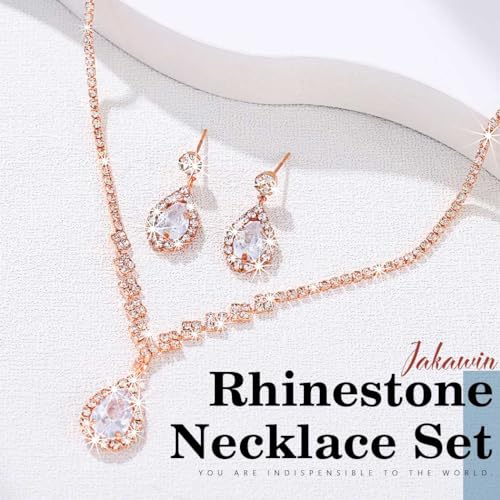 JAKAWIN Silver Rhinestone Jewelry Set Wedding Necklace Earrings for Women - color: C Rose Gold