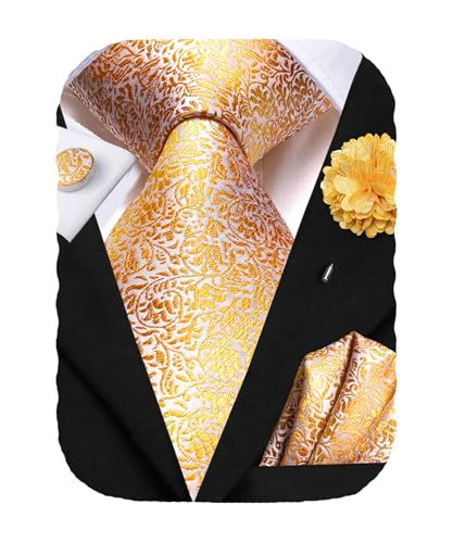 Hi-Tie Men's Silk Ties Formal Woven Classic Necktie Pocket Square Cufflinks Lapel Pin Set Wedding Business - color: B Yellow