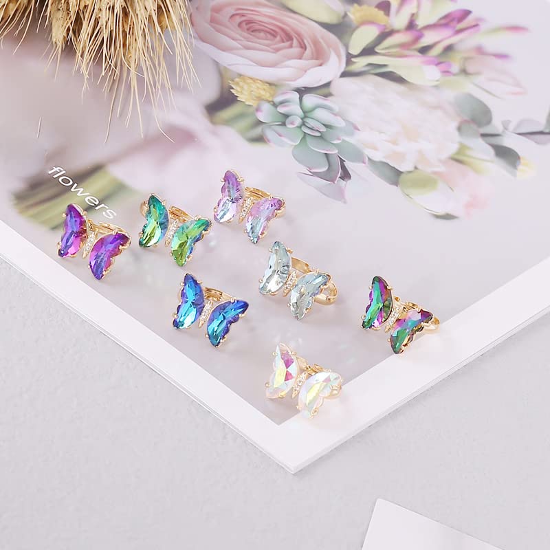 COLORFUL BLING Adjustable Elegant Transparent Crystal 3D Butterfly Rings for Women Aesthetic Gold Plated Cute Animal Insect Open Finger Cuff Ring Birthday Valentine Gifts - color: transparent white
