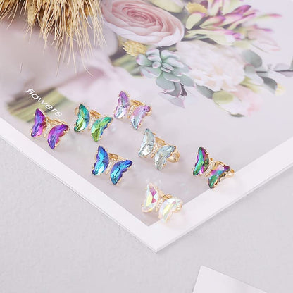 COLORFUL BLING Adjustable Elegant Transparent Crystal 3D Butterfly Rings for Women Aesthetic Gold Plated Cute Animal Insect Open Finger Cuff Ring Birthday Valentine Gifts - color: transparent white