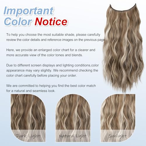 Ash Brown Halo Hair Extensions with Beach Blonde Highlights | 20 Inch Wavy Synthetic Fiber with Invisible Wire and 4 Secure Clips for Easy Daily Styling and Party Wear - color: Ash Brown with Beach Blonde