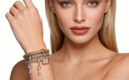 Alegend 14K Gold Plated Stackable Multilayer Bracelets + Titanium Steel(Not Rust, Resist Corruption, Easily Clean) 18K Gold Plated Single Bracelets - color: 14K Gold Crystal Keys and Locks