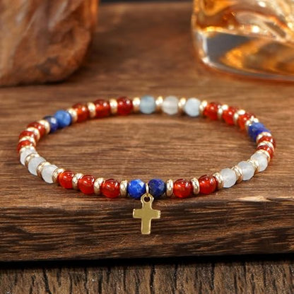 Christian Colorful Natural Gemstones Stone Seed Beaded Bracelets for women Men, Handmade Gold Cross Healing Crystal Jewelry, Lucky Amulet Faith Daily Party Friendship Holiday Gift - color: Red Garnet