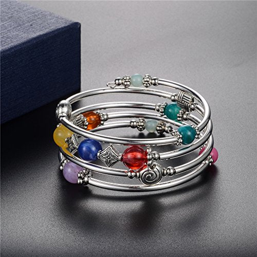 Beaded Pearl Bangle Wrap Bracelet - Fashion Bohemian Jewelry Multilayer Charm Bracelet with Thick Silver Metal Beads, Gift For Women - color: Colorful