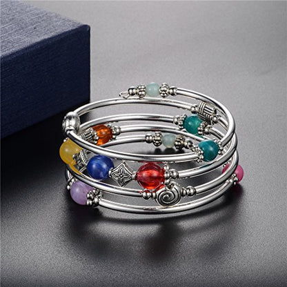Beaded Pearl Bangle Wrap Bracelet - Fashion Bohemian Jewelry Multilayer Charm Bracelet with Thick Silver Metal Beads, Gift For Women - color: Colorful
