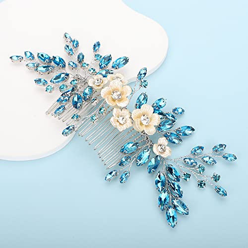 Bridal White Flower Light Blue Crystal Rhinestone Hair Comb for Bride Bridesmaid Sliding side Headpieces Wedding Hair Accessories for Women and Girls (Blue 1) - color: Blue 1