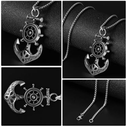 Stainless Steel Gothic Y2K Punk Rock Emo Biker Pendant Necklace | Cosplay Vintage Viking Alt Edgy Fashion Charm Necklace Jewelry for Men Women Active Daily Wear - style: Viking Ship Rudder Anchor