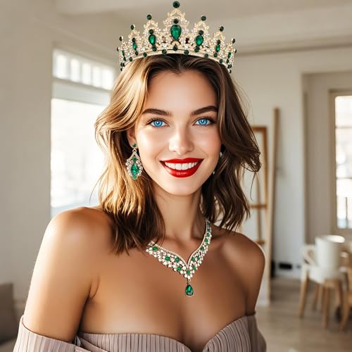 Crowns and Tiaras jewelry sets for Wedding princess birthday party Halloween Prom Pageant Jewelry for Women Crystal Bridal Jewelry Set for women - color: Gold Green