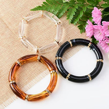 GOOJIDS Simple Beaded Gold Plated Bangles Bracelet Chunky Bamboo Tube Curved Stacking Clear Acrylic Colorful Beads Stretchable Gold Plated Bracelets Set For Women - color: Q-Black 3PCS Set