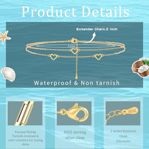 Sterling Silver Ankle Bracelets for Women 14k Gold Waterproof Layered Stackable Non Tarnish Dainty Heart Charm Large Adjustable Anklet for Summer Beach Jewelry Gift - color: goldD