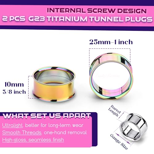 2Pcs G23 Titanium Double Flared Earrings Internally Threaded Gauges for Ears Weights Eyelet Tunnel Plug Stretching Kit From 3mm to 25mm Women Men - color: Rainbow, size: 25mm-1"
