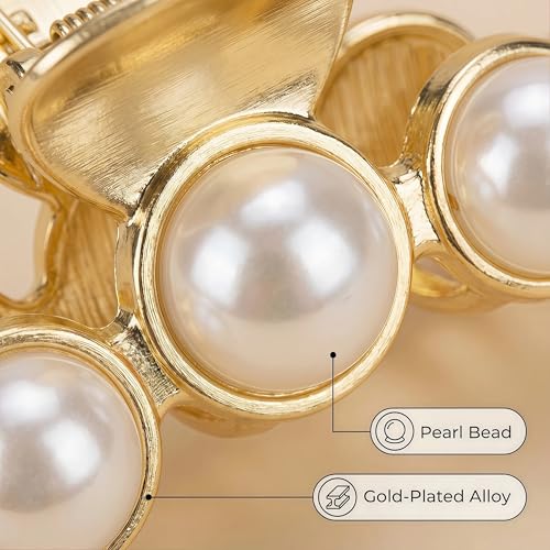 Metal Hair Clips for Women,Strong Hold Large Pearl Claw Clips, Big Non-Slip Hair Catch Barrette Jaw Clamp,Fashion Gold Hair Styling Accessories Valentine's/Mother's Day Gift for Girl Wife(3 PACK)