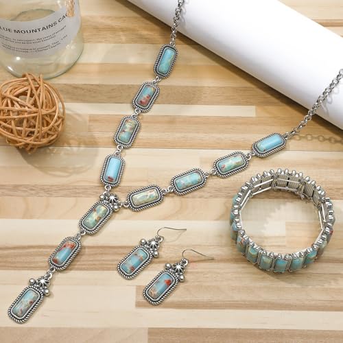 NEWITIN 4 Pieces Silver Bohemian Jewelry Set for Women Fashion Costume Jewels Turquoise Necklace Bracelet Earrings Western Turquoise Jewelry Set for Women - color: Colorful Turquoise