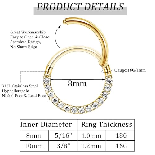 Jstyle 6Pcs 16G 18G Septum Rings Surgical Steel Nose Rings Hoop for Women Opal CZ Daith Cartilage Hoop Earring Clicker Septum Jewelry Hinged Hoop Nose Ring Lip Helix Rook Tragus Piercing Jewelry - color: Gold