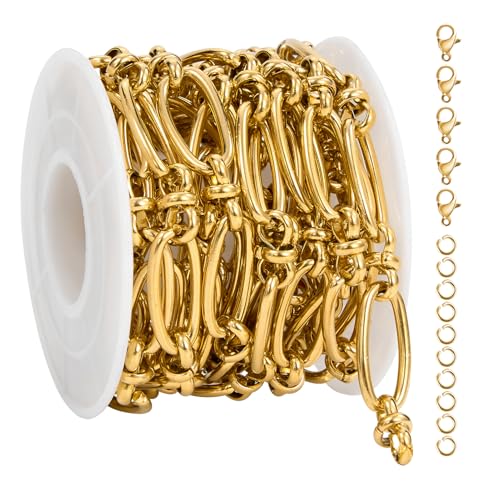 2 Meters Gold Plated Jewelry Making Chain Stainless Steel Long Oval Link Chains Bulk with Jump Rings and Lobster Clasps - color: Long Oval Gold