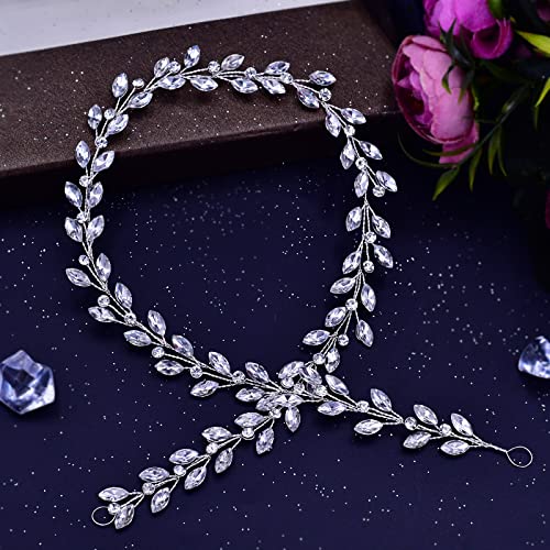 TRiXY Wedding Bridal Crystal Long Hair Vines Head Piece,Wedding Piece Accessories Headband Jewelry ,Beaded Bohemian Headpiece (Short Silver-50cm / 19.68 Inches) (HP394)