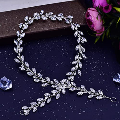 TRiXY Wedding Bridal Crystal Long Hair Vines Head Piece,Wedding Piece Accessories Headband Jewelry ,Beaded Bohemian Headpiece (Short Silver-50cm / 19.68 Inches) (HP394)