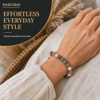 8mm Natural Crystal Stretch Bracelet | Handmade Round Stone Bead Bracelet, Runs Large, Meditation Yoga Gift for Women & Men - color: Indian Agate