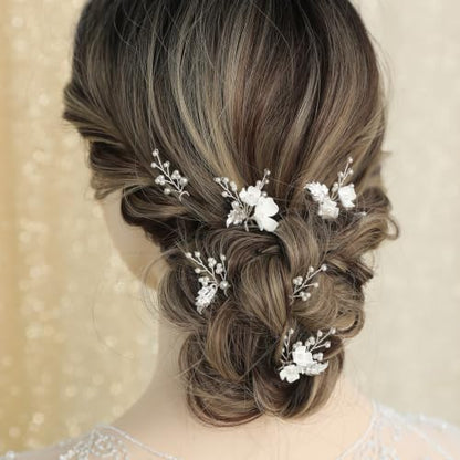 Handmade Pearl Bridal Hair Pins Wedding Hair Accessories for Women Brides Bridesmaid - color: Silver/Pearl White Flower