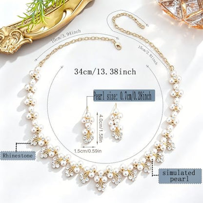 Simulated Pearl Bridal Jewelry Set White Pearl Leaf Pendant Necklace Earrings Set Zinc Alloy Rhinestone Wedding Party Jewelry for Bridesmaids Bride - color: white pearl