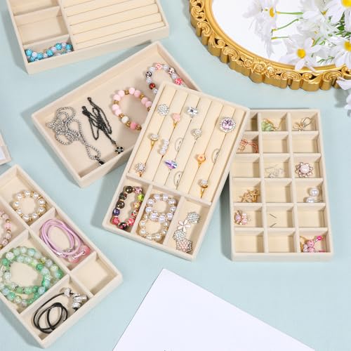 Set of 8 Velvet Jewelry Trays, Stackable Jewelry Organizer | Jewelry Drawer Inserts Divided Display Trays for Earring, Necklace, Ring, Bracelet (4 Styles, Beige)