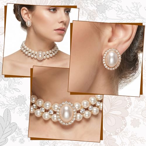 White Bead Necklace and Earring Vintage Gold Pearl Necklace Choker with Rhinestone Adjustable Faux Pearl Costume Jewelry Set for Wedding Bridal Birthday Tea Party