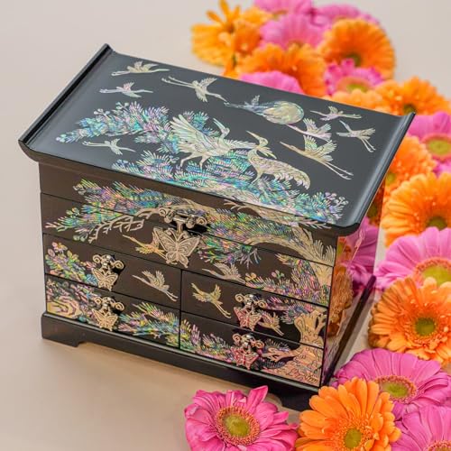 February Mountain Mother of Pearl Wooden Jewelry Organizer Box – Jewelry Storage Box for Women, Features Spacious Drawers, Ideal for Rings, Bracelets, Watches, Chains, Accessories (Crane_Black) - style: Crane_Black