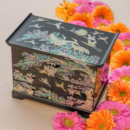 February Mountain Mother of Pearl Wooden Jewelry Organizer Box – Jewelry Storage Box for Women, Features Spacious Drawers, Ideal for Rings, Bracelets, Watches, Chains, Accessories (Crane_Black) - style: Crane_Black