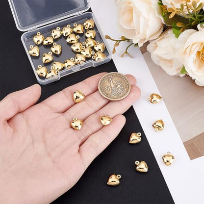 30Pcs 18K Gold Heart Charms Stainless Steel Love Pendant 12x9.5x5mm Dangle Heart Charm for Jewelry Bracelet Necklace Bag Keychain Earring Making Accessories Supplies Valentine Gift