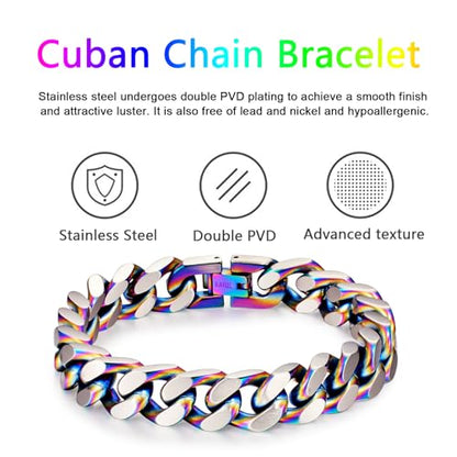 Mens Bracelet-Stainless Steel Fold Over Clasp Cuban Chain-Bracelets for Men - color: E-Colors
